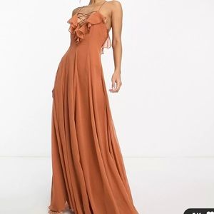 lace up ruffle cami maxi dress